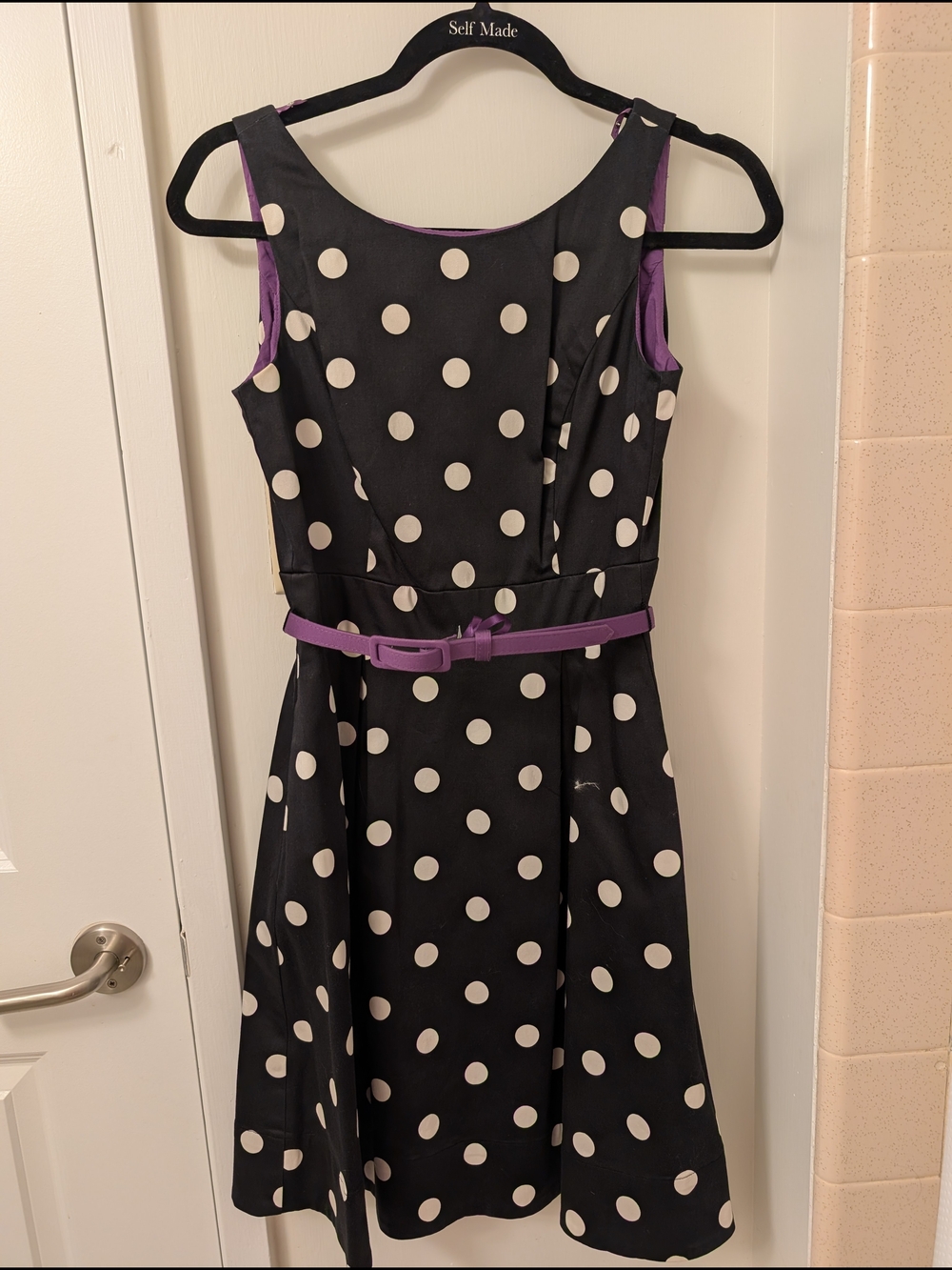 Self Made Black Polka Dot Midi Dress with Purple Belt
